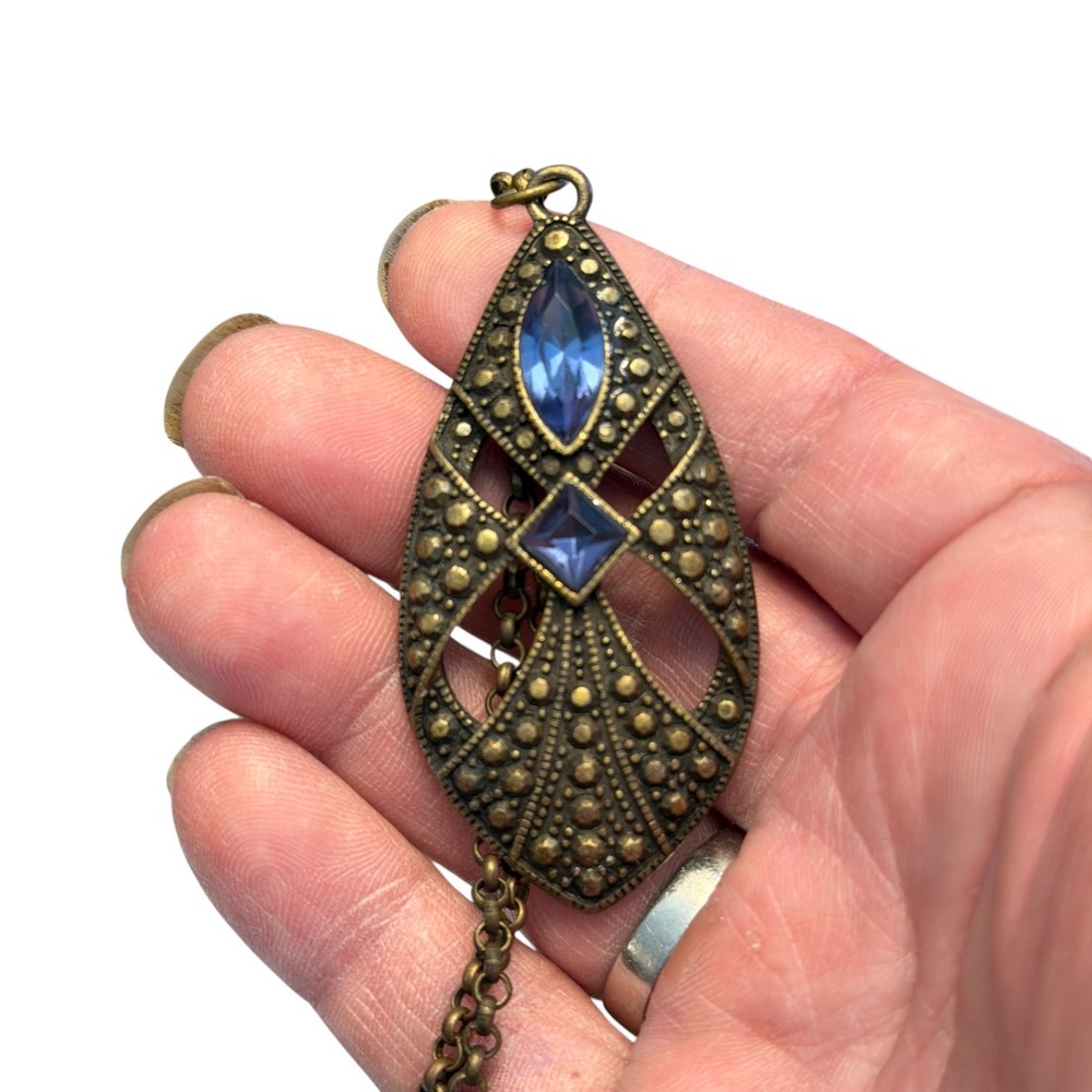 Vintage Style Bronze Filigree Pendant Necklace Blue Crystal Art Deco Boho 20"